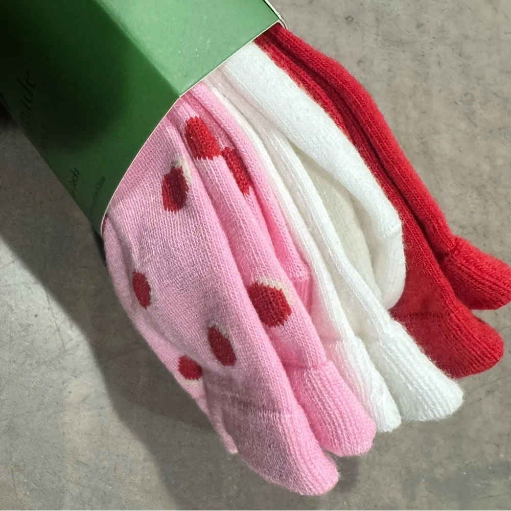 Kate Spade ♠️ trio of  Pink Polka Dot Crew Socks plus solid white/red pairs
